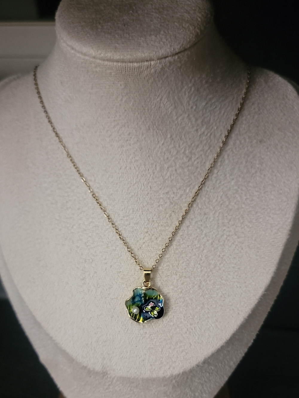 Gold-Tone Blue Floral Pendant Necklace